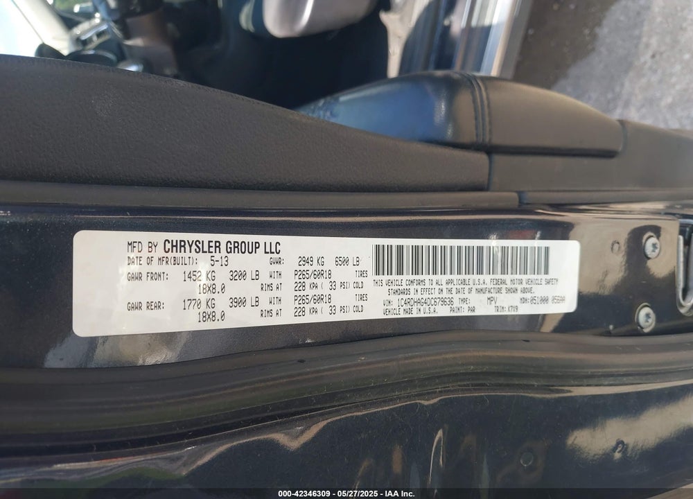 2013 DODGE DURANGO VIN: 1C4RDHAG4DC679636