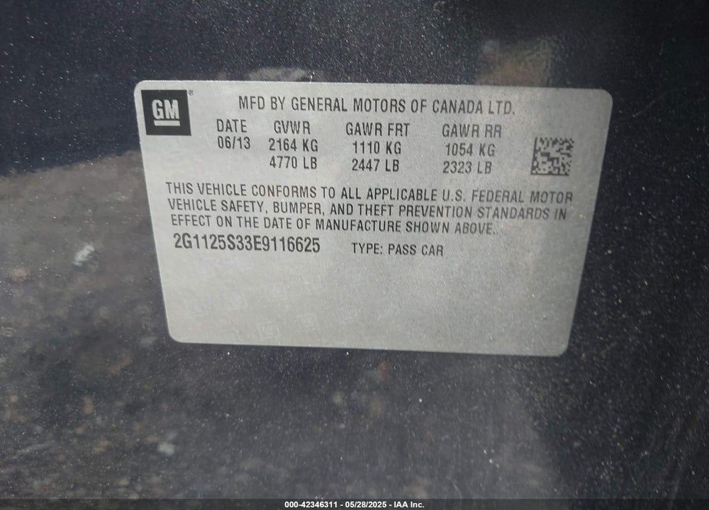 2014 CHEVROLET IMPALA VIN: 2G1125S33E9116625