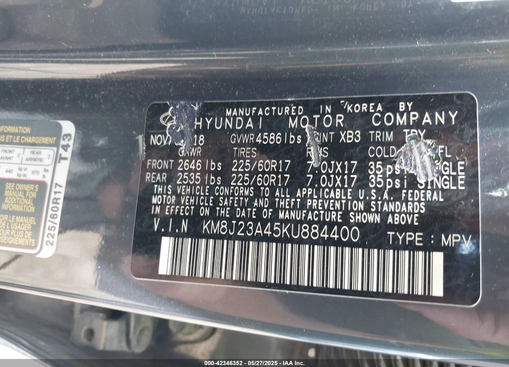 2019 HYUNDAI TUCSON VIN: KM8J23A45KU884400