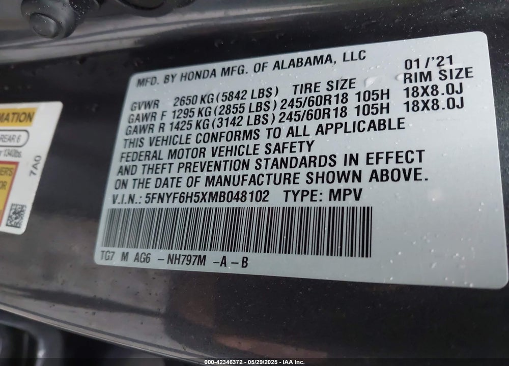 2021 HONDA PILOT VIN: 5FNYF6H5XMB048102