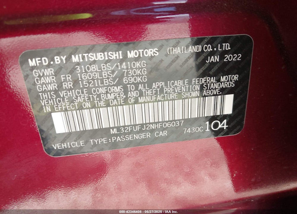 2022 MITSUBISHI MIRAGE VIN: ML32FUFJ2NHF06037