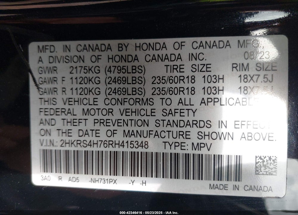 2024 HONDA CR-V VIN: 2HKRS4H76RH415348