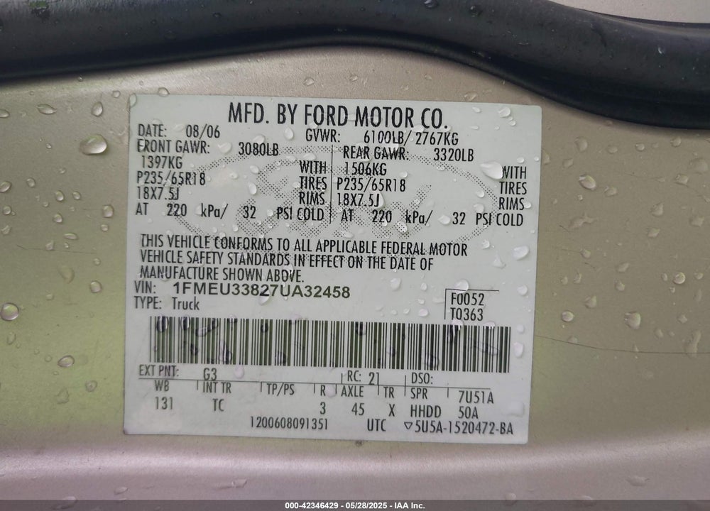 2007 FORD EXPLORER SPORT TRAC VIN: 1FMEU33827UA32458
