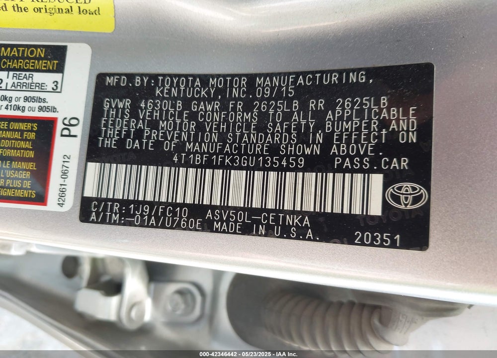 2016 TOYOTA CAMRY LE VIN: 4T1BF1FK3GU135459