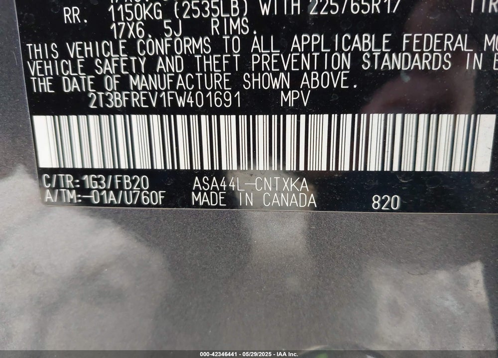 2015 TOYOTA RAV4 VIN: 2T3BFREV1FW401691