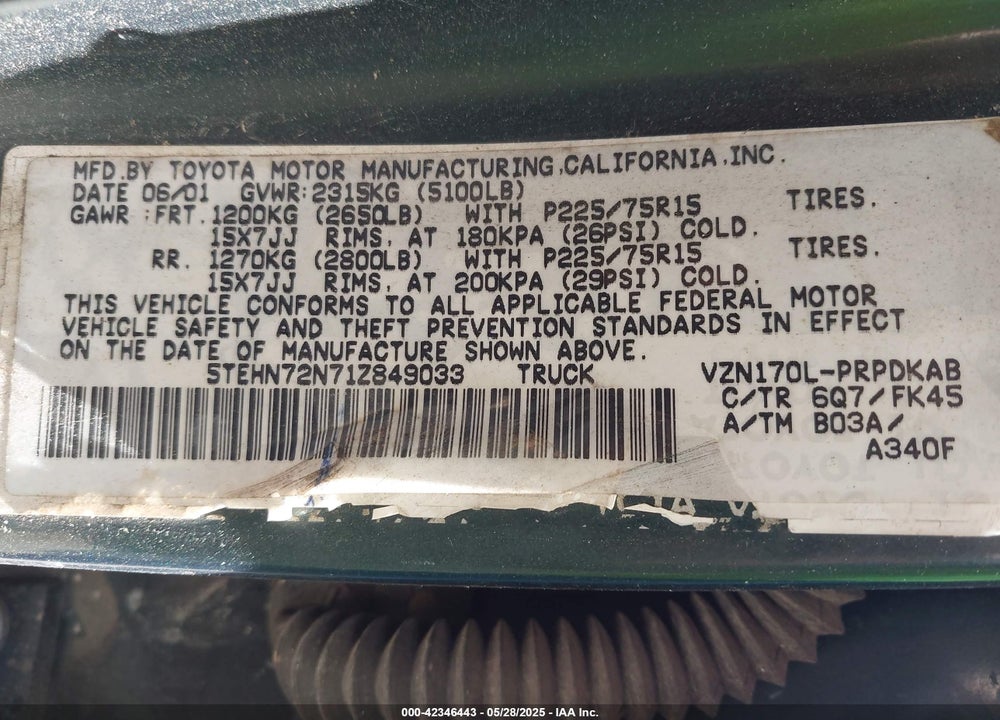 2001 TOYOTA TACOMA BASE V6 VIN: 5TEHN72N71Z849033