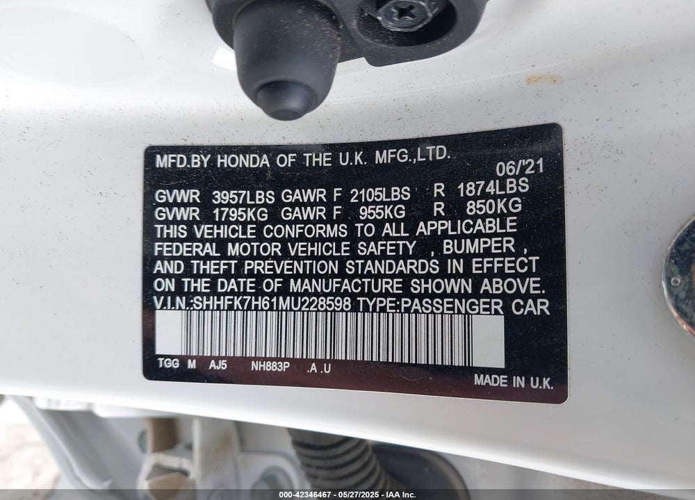 2021 HONDA CIVIC EX VIN: SHHFK7H61MU228598