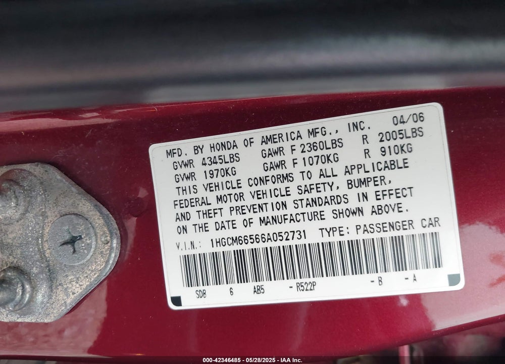 2006 HONDA ACCORD VIN: 1HGCM66566A052731