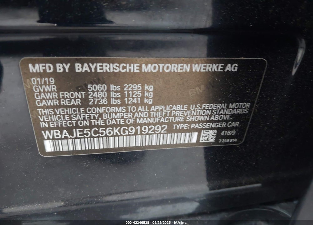 2019 BMW 540I VIN: WBAJE5C56KG919292