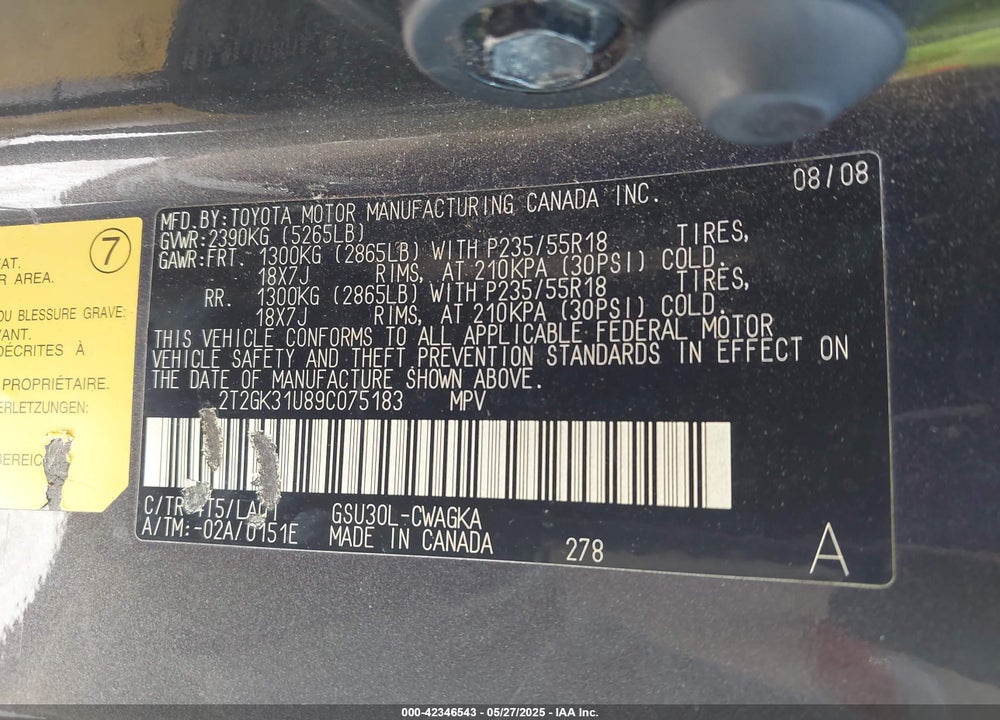 2009 LEXUS RX 350 VIN: 2T2GK31U89C075183