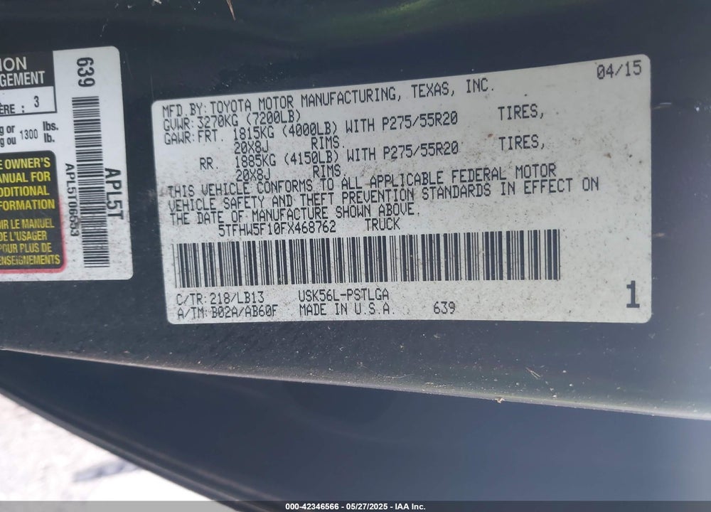 2015 TOYOTA TUNDRA 4WD TRUCK VIN: 5TFHW5F10FX468762