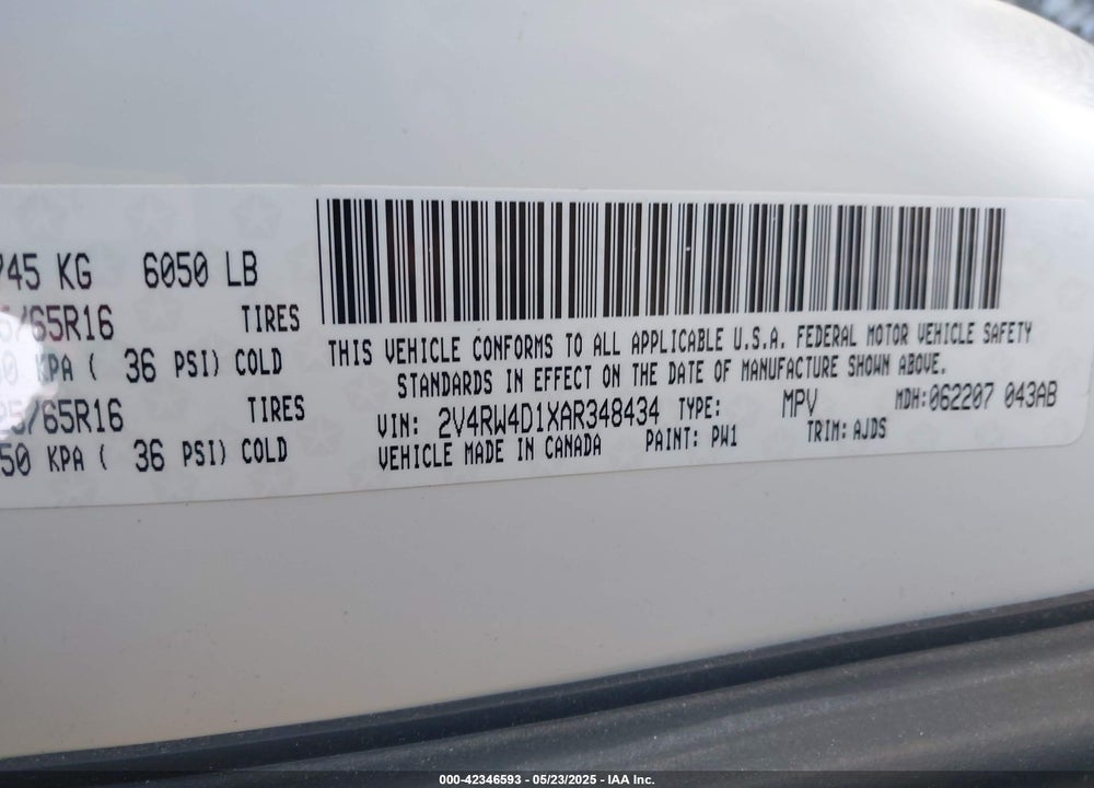 2010 VOLKSWAGEN ROUTAN S VIN: 2V4RW4D1XAR348434