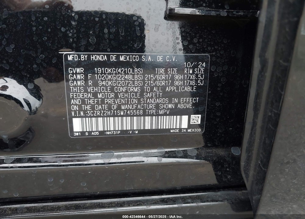 2025 HONDA HR-V VIN: 3CZRZ2H71SM745568