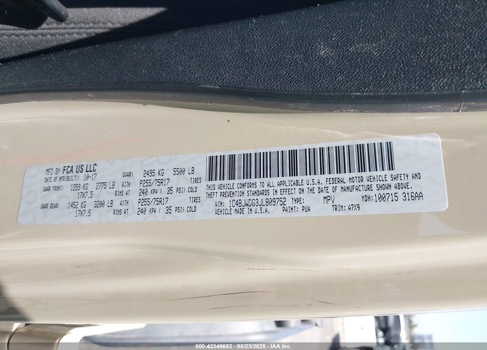 2018 JEEP WRANGLER UNLIMITED VIN: 1C4BJWDG3JL809752