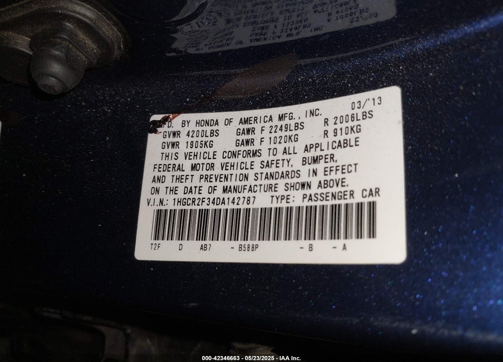 2013 HONDA ACCORD VIN: 1HGCR2F34DA142787