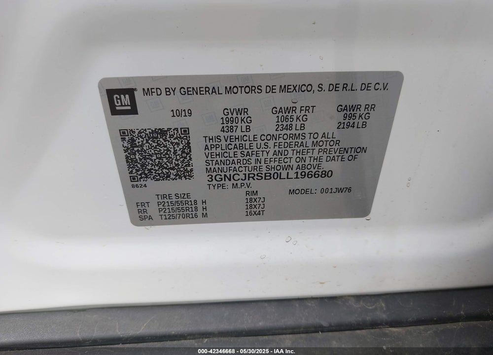 2020 CHEVROLET TRAX VIN: 3GNCJRSB0LL196680