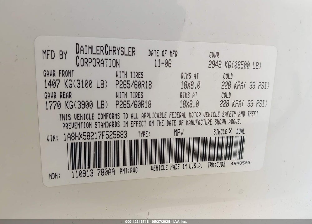 2007 CHRYSLER ASPEN LIMITED VIN: 1A8HX58217F525683