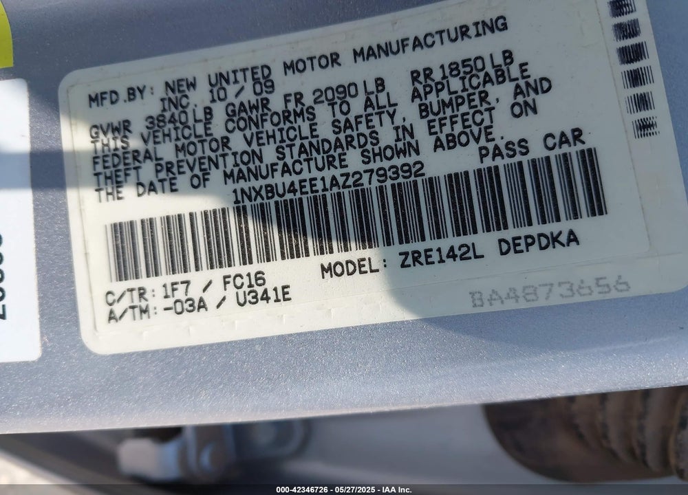 2010 TOYOTA COROLLA VIN: 1NXBU4EE1AZ279392