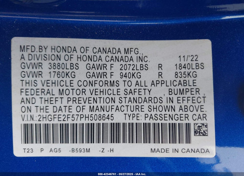2023 HONDA CIVIC VIN: 2HGFE2F57PH508645