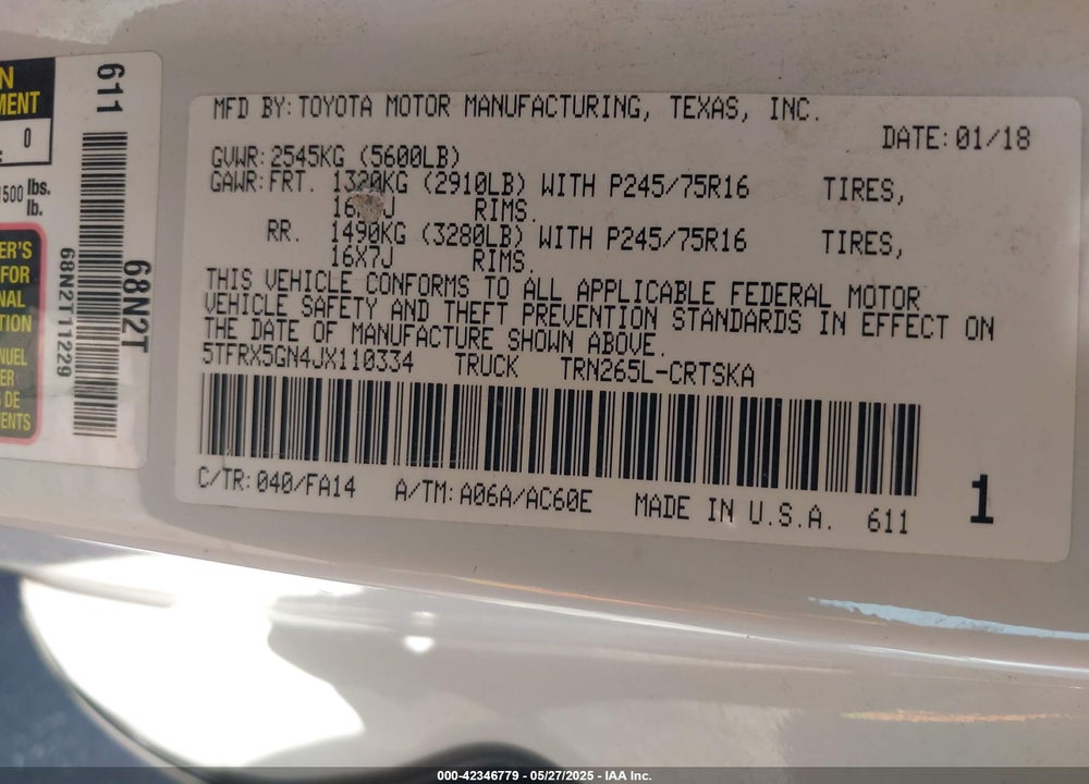 2018 TOYOTA TACOMA SR/SR5 VIN: 5TFRX5GN4JX110334