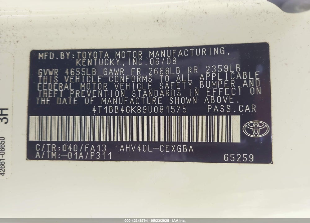 2009 TOYOTA CAMRY HYBRID VIN: 4T1BB46K89U081575