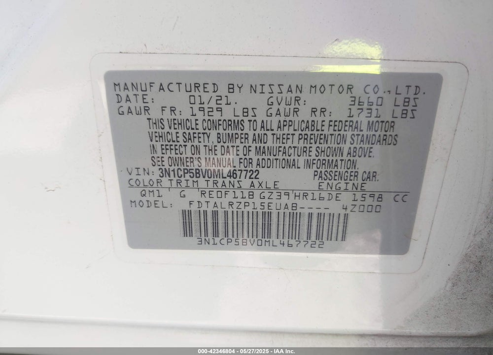 2021 NISSAN KICKS VIN: 3N1CP5BV0ML467722