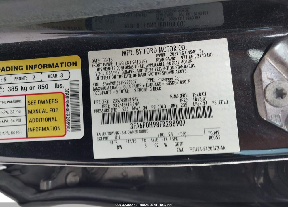 2015 FORD FUSION SE VIN: 3FA6P0H98FR288907