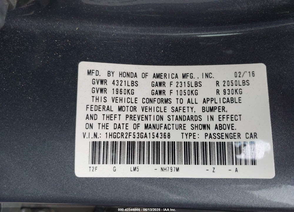 2016 HONDA ACCORD SPORT VIN: 1HGCR2F53GA154368