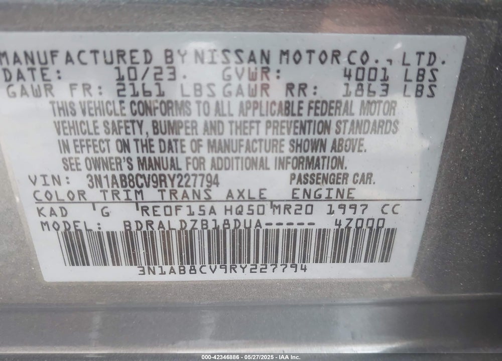 2024 NISSAN SENTRA VIN: 3N1AB8CV9RY227794
