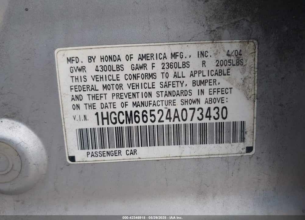 2004 HONDA ACCORD 3.0 EX VIN: 1HGCM66524A073430