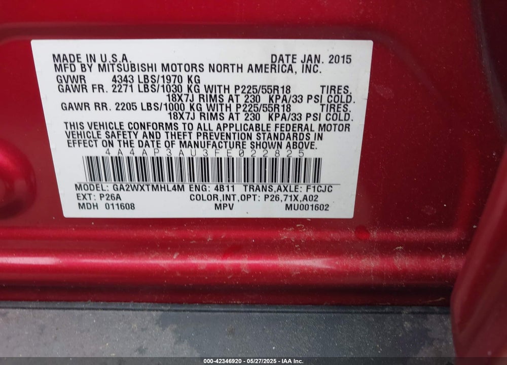 2015 MITSUBISHI OUTLANDER SPORT VIN: 4A4AP3AU3FE022825