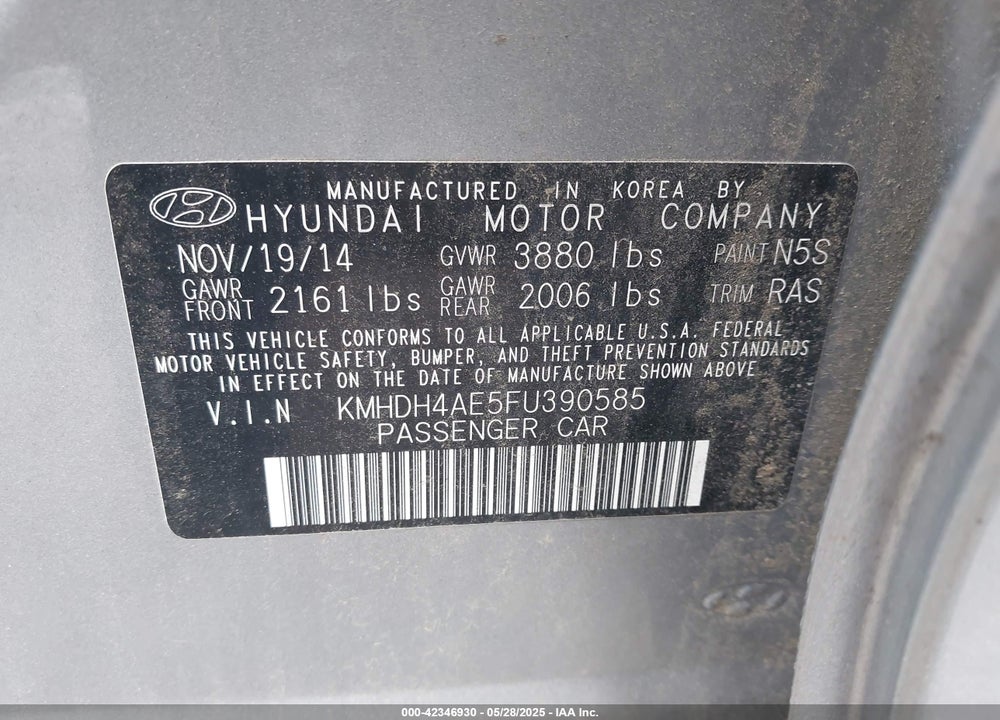 2015 HYUNDAI ELANTRA SE VIN: KMHDH4AE5FU390585