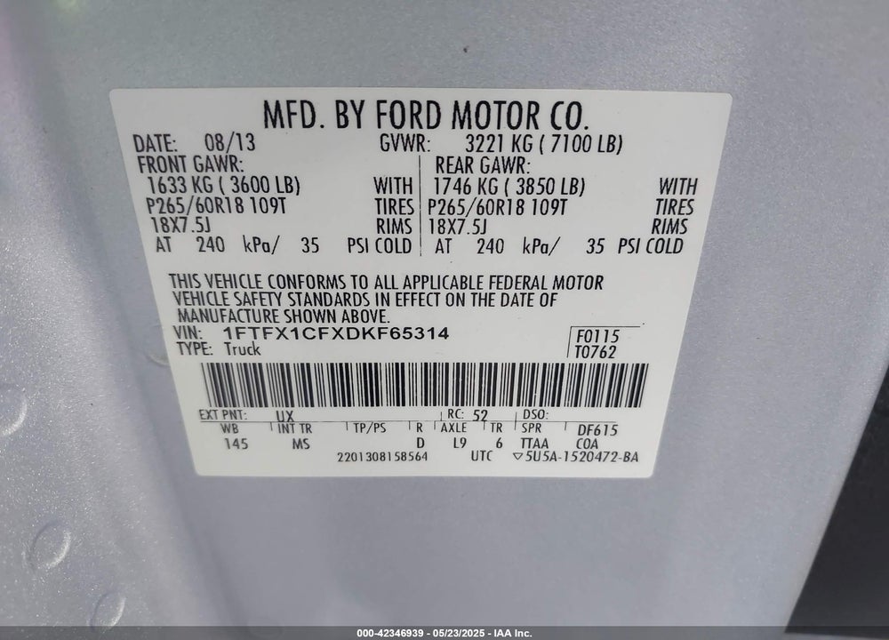 2013 FORD F-150 VIN: 1FTFX1CFXDKF65314