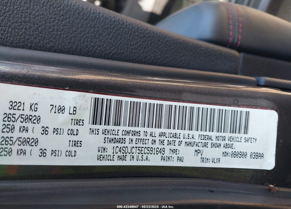 2014 DODGE DURANGO VIN: 1C4SDJCT5EC591649