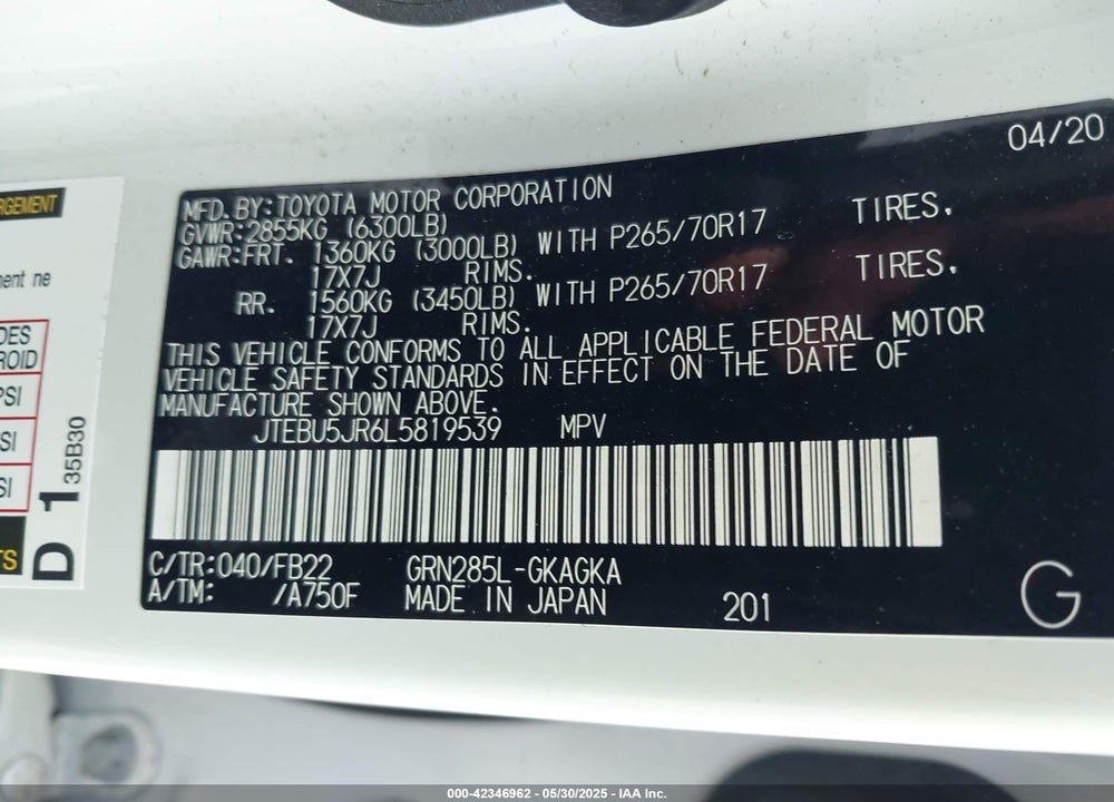 2020 TOYOTA 4RUNNER SR5 VIN: JTEBU5JR6L5819539