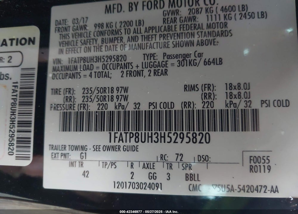 2017 FORD MUSTANG VIN: 1FATP8UH3H5295820