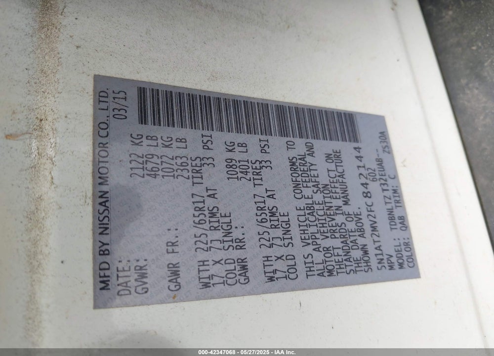 2015 NISSAN ROGUE VIN: 5N1AT2MV2FC842144