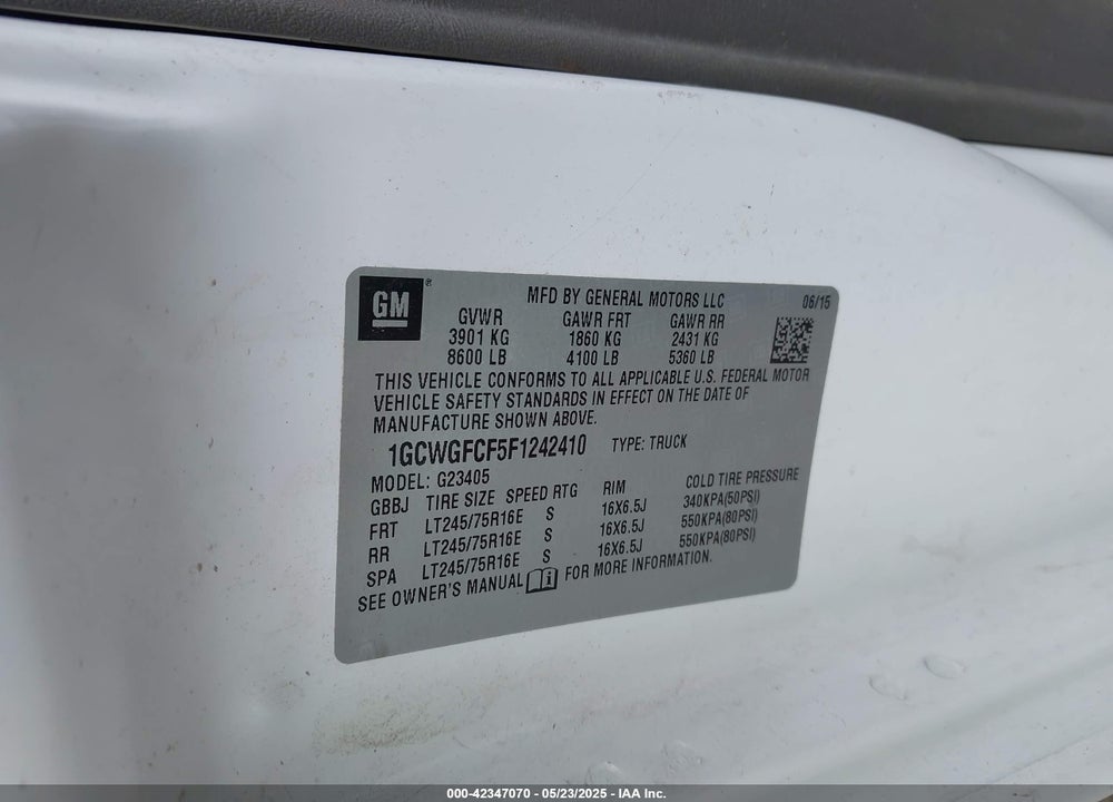 2015 CHEVROLET EXPRESS 2500 WORK VAN VIN: 1GCWGFCF5F1242410