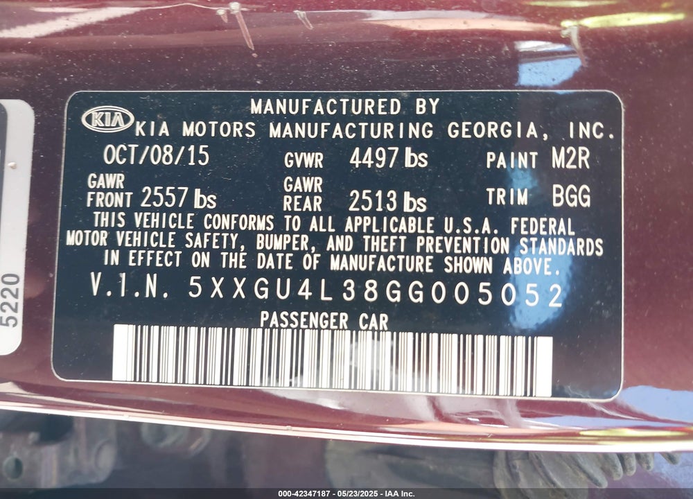 2016 KIA OPTIMA EX VIN: 5XXGU4L38GG005052