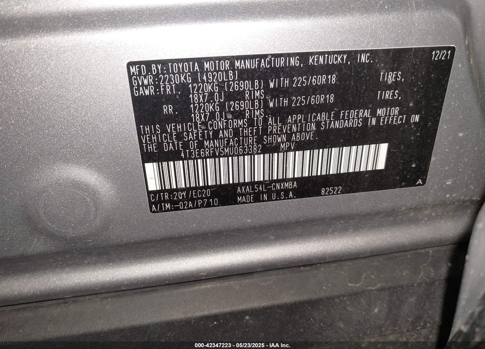 2021 TOYOTA RAV4 HYBRID VIN: 4T3E6RFV5MU063382
