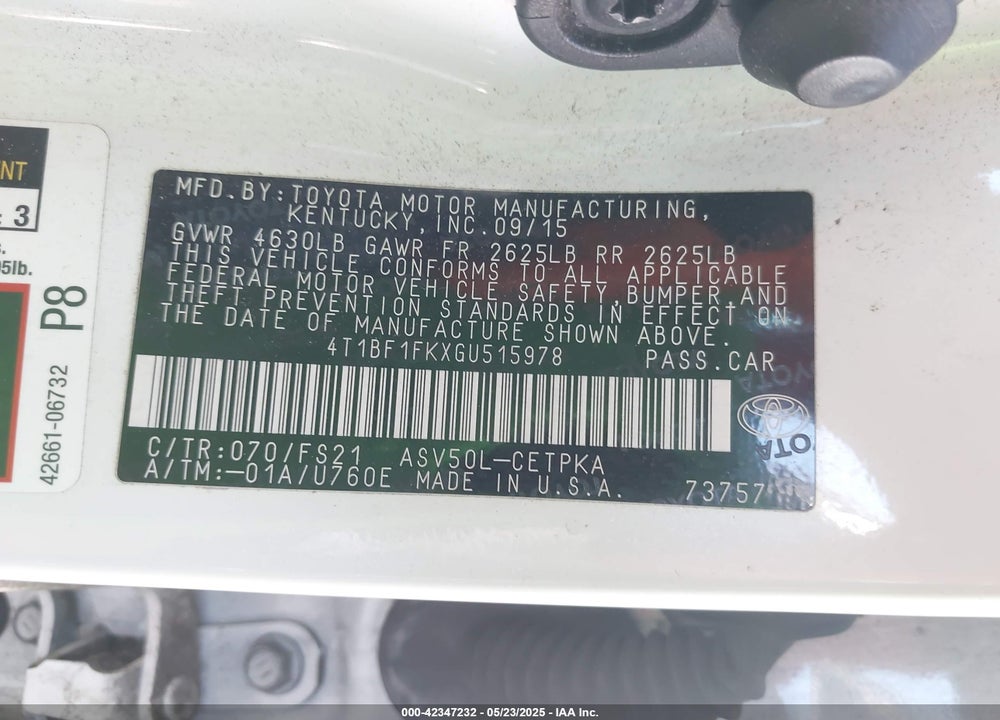 2016 TOYOTA CAMRY LE/SE/XLE/XSE VIN: 4T1BF1FKXGU515978