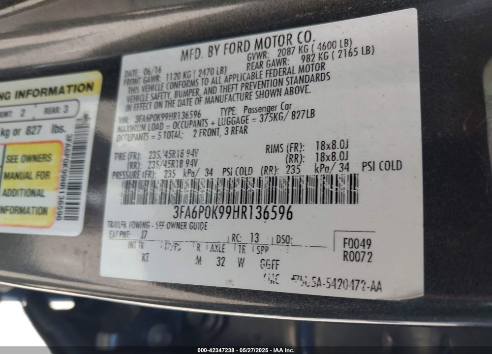 2017 FORD FUSION TITANIUM VIN: 3FA6P0K99HR136596