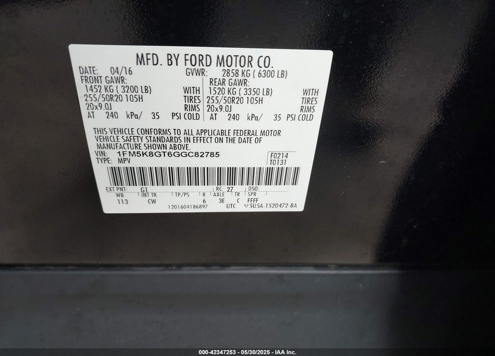 2016 FORD EXPLORER VIN: 1FM5K8GT6GGC82785