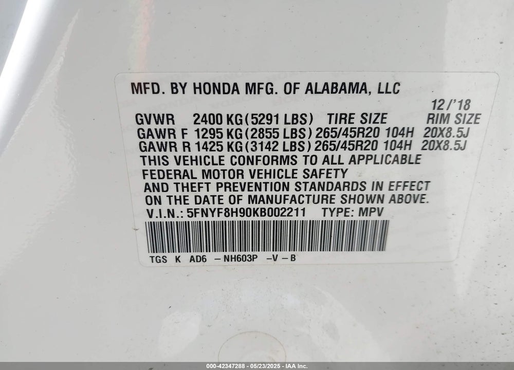 2019 HONDA PASSPORT VIN: 5FNYF8H90KB002211