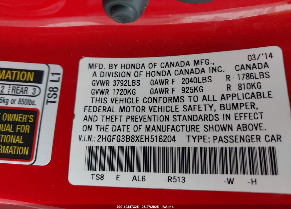 2014 HONDA CIVIC VIN: 2HGFG3B8XEH516204