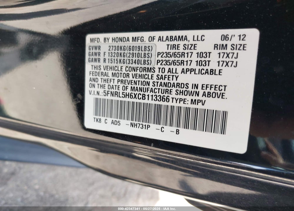 2012 HONDA ODYSSEY EX-L VIN: 5FNRL5H6XCB113366