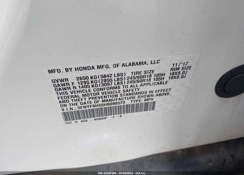 2017 HONDA PILOT VIN: 5FNYF6H55HB098573