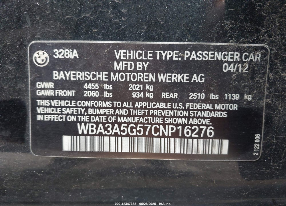 2012 BMW 328I VIN: WBA3A5G57CNP16276