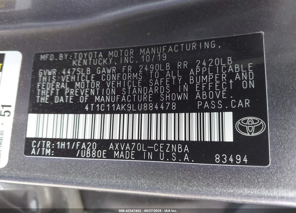 2020 TOYOTA CAMRY LE VIN: 4T1C11AK9LU884478