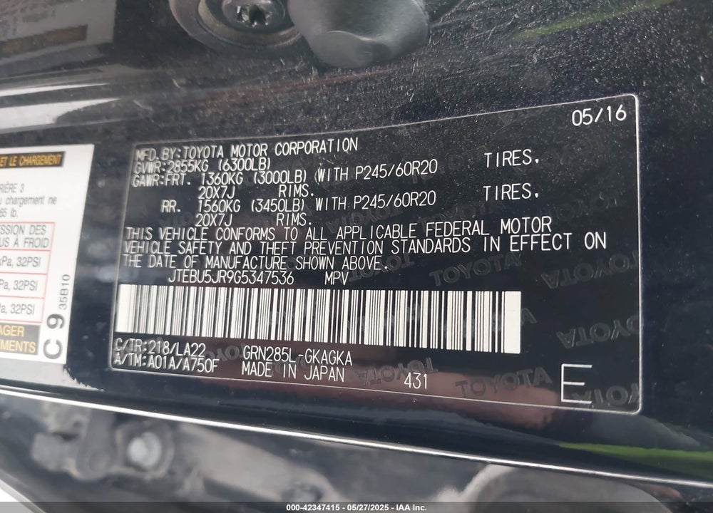 2016 TOYOTA 4RUNNER LIMITED VIN: JTEBU5JR9G5347536
